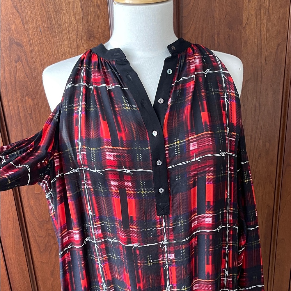Nicole Miller Red and Black Plaid Cold Shoulder Blouse